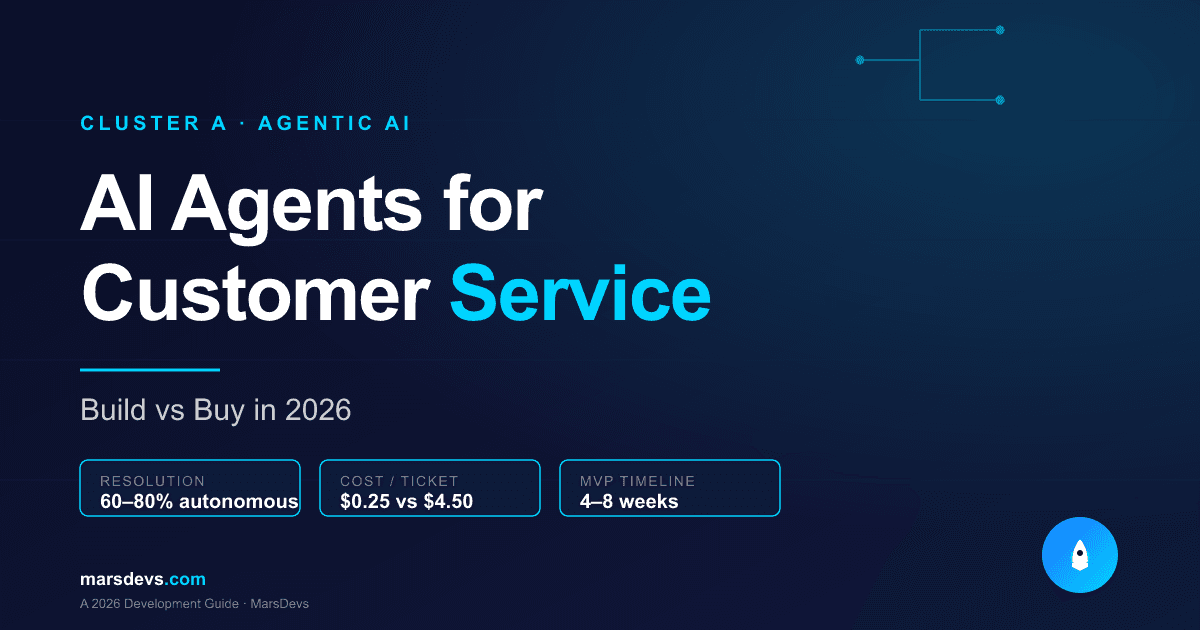 Cover image for AI Agents for Customer Service guide showing key benchmarks and MarsDevs branding on dark navy background