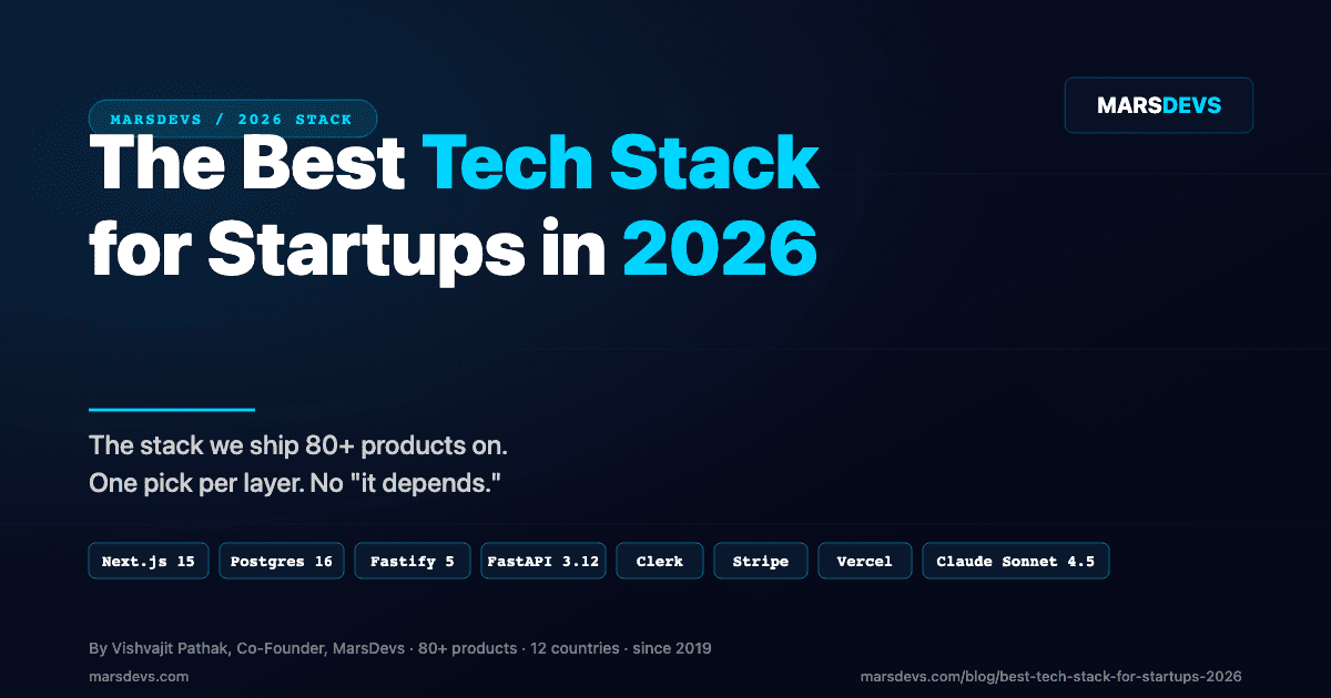 Best Tech Stack for Startups 2026 cover: MarsDevs default stack layers on dark background with cyan accent