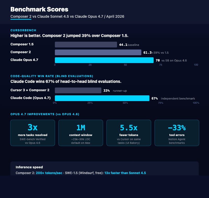 Benchmark scores chart April 2026 comparing Composer 2 at 61.3 CursorBench (39% improvement over Composer 1.5 baseline of 44.1), Claude Opus 4.7 at 70 CursorBench versus 58 on Opus 4.6, and Claude Code winning 67% of blind code-quality evaluations versus Cursor 3 plus Composer 2 at 33%. Opus 4.7 stat cards show 3x more tasks resolved on SWE-bench Verified versus Opus 4.6, 1M token context window default on Max plan, 5.5x fewer tokens than Cursor on identical tasks per UI Bakery benchmark, and 33% fewer tool errors on Notion Agent benchmarks. Inference speed: Composer 2 at 200+ tokens per second and Windsurf SWE-1.5 at 13x faster than Claude Sonnet 4.5.