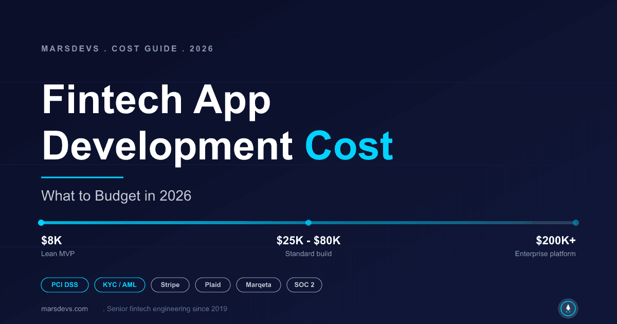 Cover image for Fintech App Development Cost guide. Headline reads Fintech App Development Cost with Cost in cyan. Subtitle reads What to Budget in 2026. Cost spectrum strip shows lean MVP at eight thousand dollars to enterprise platform at two hundred thousand dollars plus. Tags name PCI DSS, KYC / AML, Stripe, Plaid, Marqeta, SOC 2. MarsDevs wordmark in the footer.