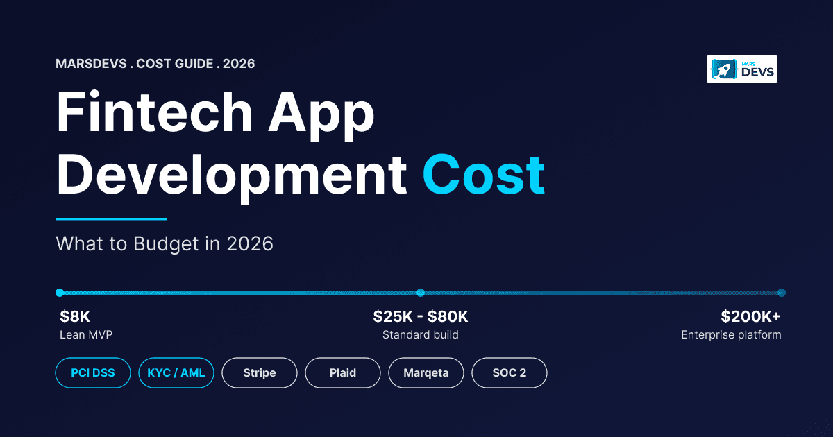 Cover image for Fintech App Development Cost guide. Headline reads Fintech App Development Cost with Cost in cyan. Subtitle reads What to Budget in 2026. Cost spectrum strip shows lean MVP at eight thousand dollars to enterprise platform at two hundred thousand dollars plus. Tags name PCI DSS, KYC / AML, Stripe, Plaid, Marqeta, SOC 2. MarsDevs wordmark in the footer.